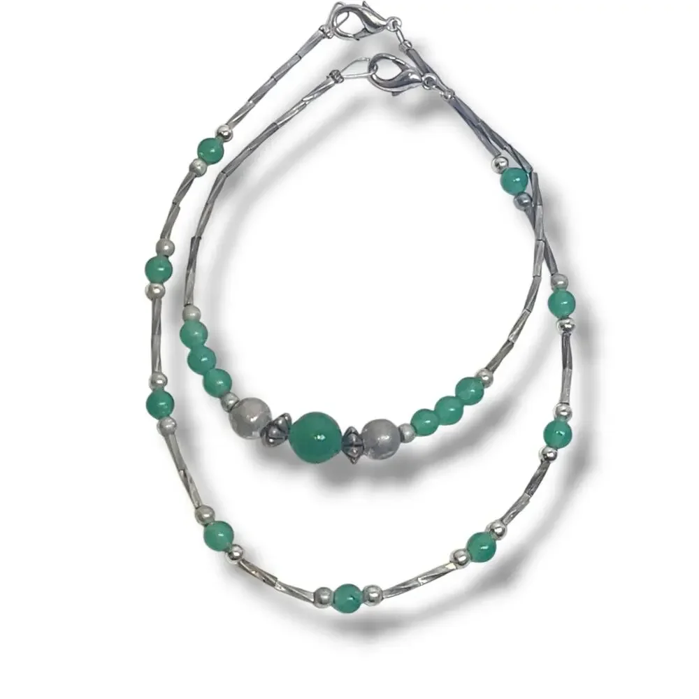 Vintage Silver Tone Green Glass Faux‎ Jade Bead Bracelet & Anklet Set 7.5